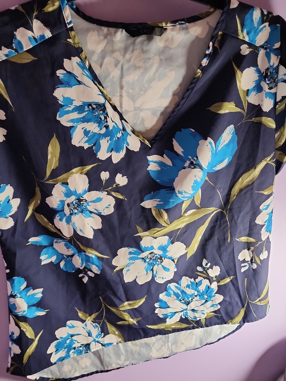 SHEIN Navy V-Neck Floral Blouse with Blue & White Blooms